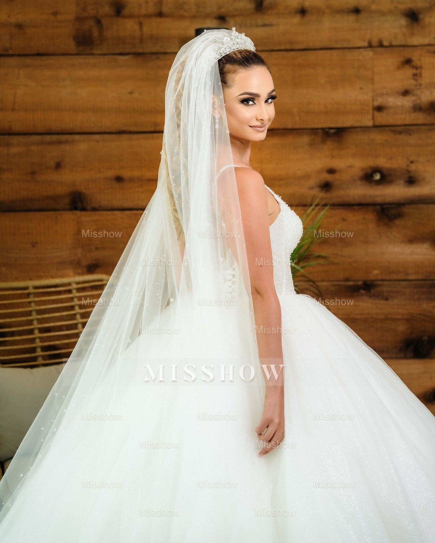 Chic White V-Neck Spaghetti Strap Beaded Ball Gown Sleeveless Cathedral Train Tulle Wedding Dresses