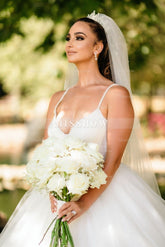 Chic White V-Neck Spaghetti Strap Beaded Ball Gown Sleeveless Cathedral Train Tulle Wedding Dresses