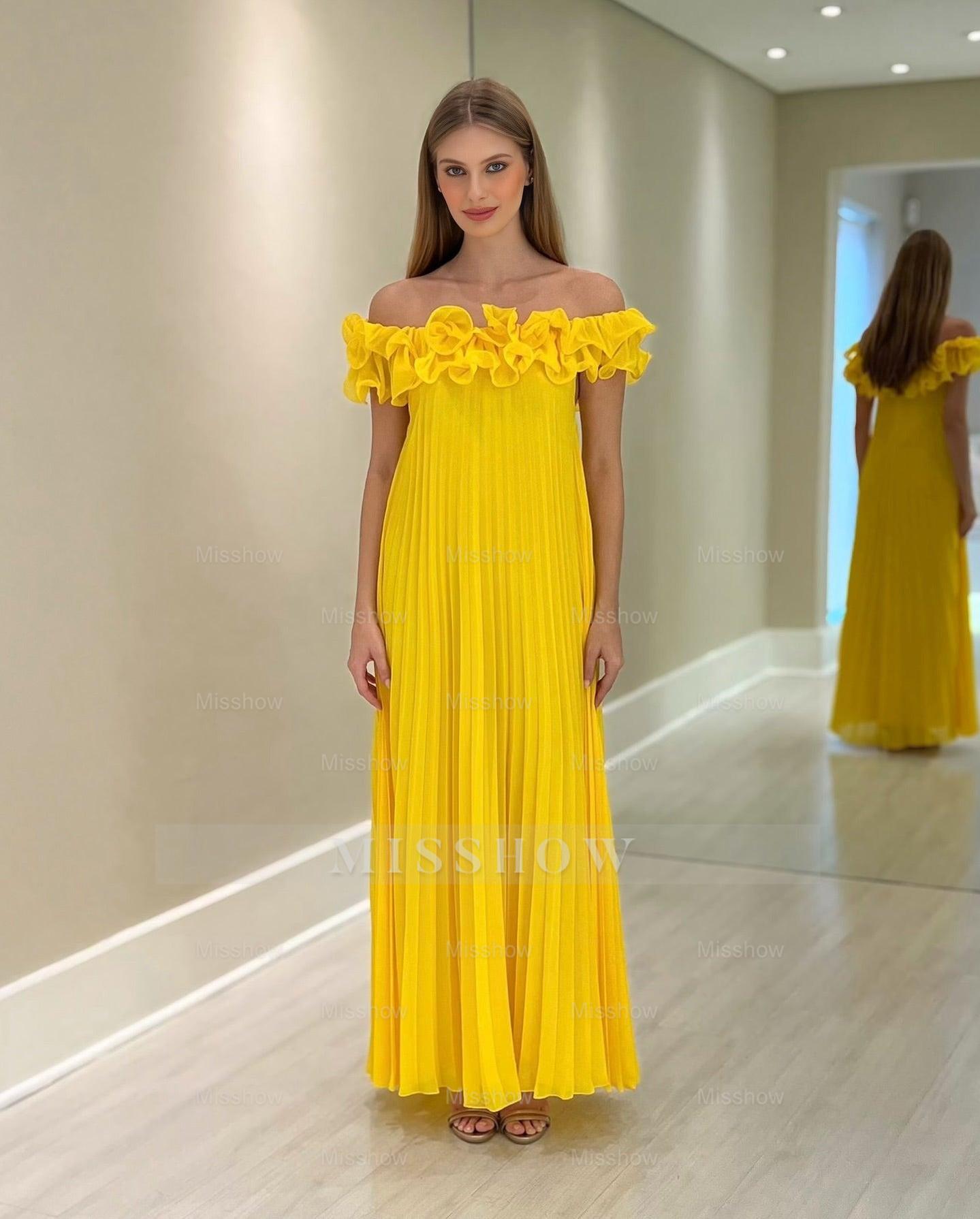 Chic Yellow A-Line Ruffles Off-The-Shoulder Sleeveless Chiffon Floor-Length Bridesmaid Dress