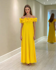 Chic Yellow A-Line Ruffles Off-The-Shoulder Sleeveless Chiffon Floor-Length Bridesmaid Dress
