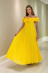 Chic Yellow A-Line Ruffles Off-The-Shoulder Sleeveless Chiffon Floor-Length Bridesmaid Dress
