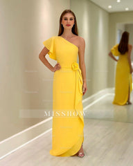 Chic Yellow Column One-Shoulder Ruffles Floor-Length Chiffon Mother of the Bride Dress With Slit