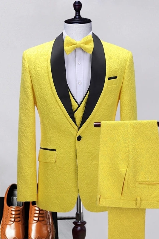 Chic Yellow Shawl Lapel Three-Piece Jacquard Prom Outfit