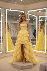 Chic Yellow Tiered Ruffle High-Low Ball Gown with Floral Corset