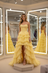 Chic Yellow Tiered Ruffle High-Low Ball Gown with Floral Corset