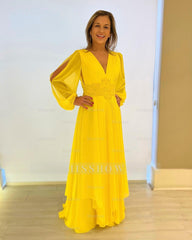 Chic Yellow V-Neck A-Line Mother of Bride Long Sleeves Chiffon Long Bridesmaid Dresses With Appliques