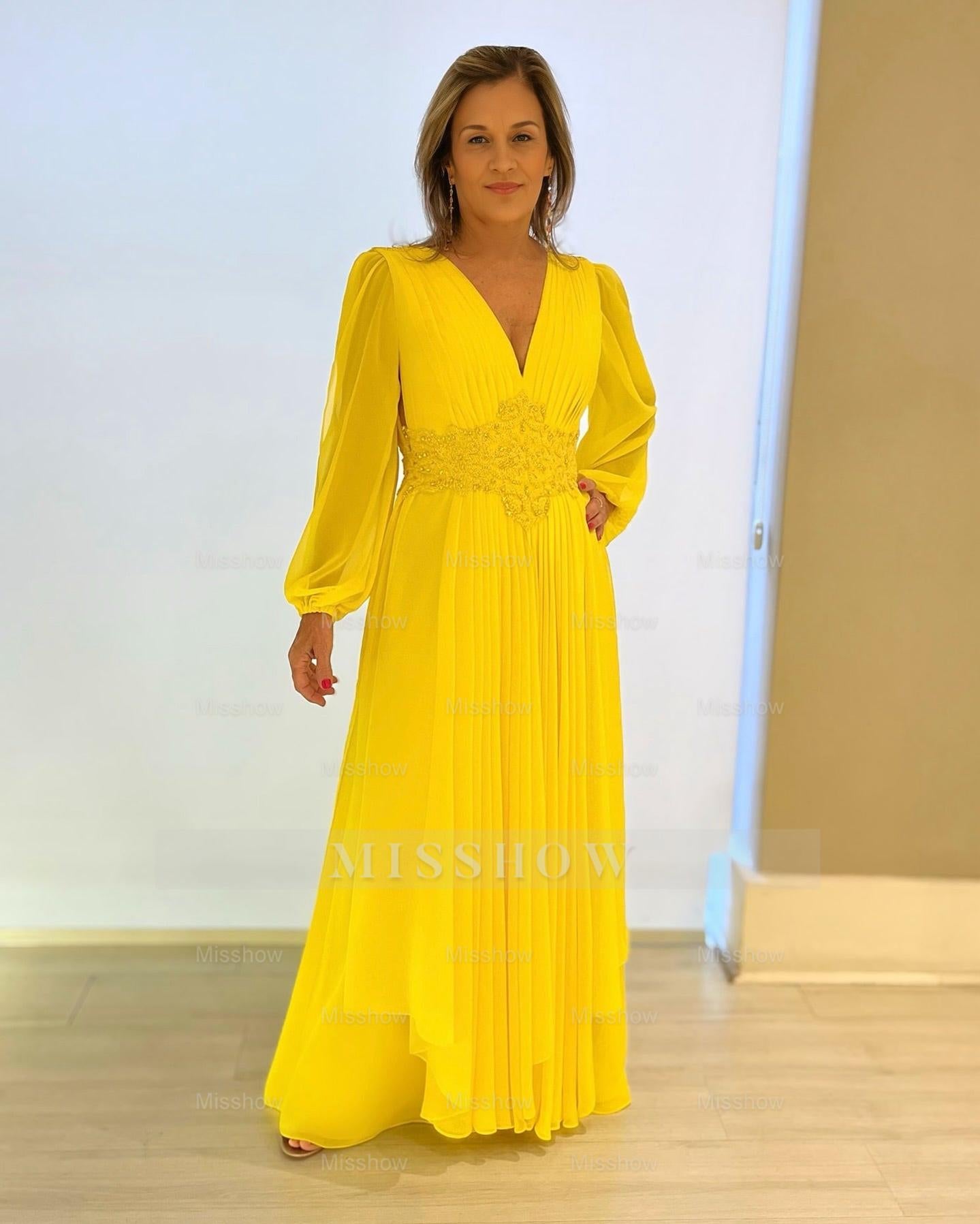 Chic Yellow V-Neck A-Line Mother of Bride Long Sleeves Chiffon Long Bridesmaid Dresses With Appliques