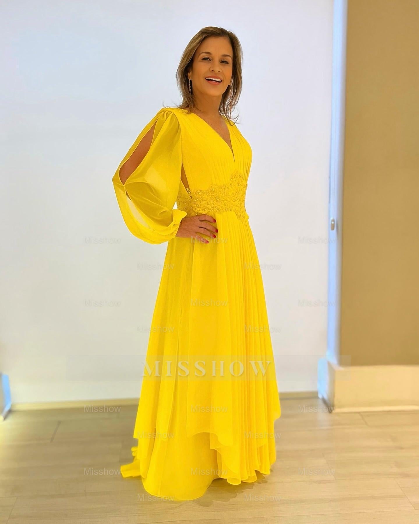 Chic Yellow V-Neck A-Line Mother of Bride Long Sleeves Chiffon Long Bridesmaid Dresses With Appliques