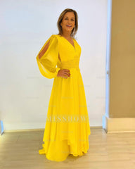 Chic Yellow V-Neck A-Line Mother of Bride Long Sleeves Chiffon Long Bridesmaid Dresses With Appliques