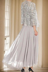 Chiffon 2-Piece Mother of the Bride Dress Square Neck Sleeveless Inner Dress Allover Paisley Vine Lace Open-Front Jacket 3/4 Sleeves Scallop Cuff Flowing A-Line Floor Length Skirt