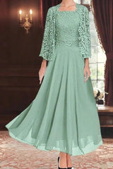 Chiffon 2-Piece Mother of the Bride Dress Square Neck Sleeveless Inner Dress Allover Paisley Vine Lace Open-Front Jacket 3/4 Sleeves Scallop Cuff Flowing A-Line Floor Length Skirt