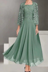 Chiffon 2-Piece Mother of the Bride Dress Square Neck Sleeveless Inner Dress Allover Paisley Vine Lace Open-Front Jacket 3/4 Sleeves Scallop Cuff Flowing A-Line Floor Length Skirt