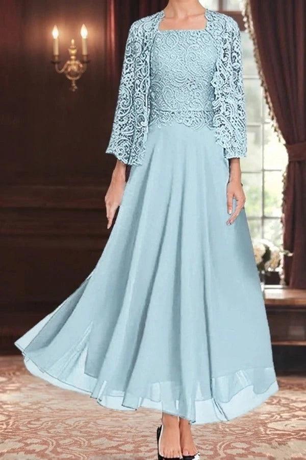 Chiffon 2-Piece Mother of the Bride Dress Square Neck Sleeveless Inner Dress Allover Paisley Vine Lace Open-Front Jacket 3/4 Sleeves Scallop Cuff