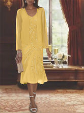 Chiffon 2 Pieces V-Neck Knee-Length Mother of the Bride Dresses with Jacket & Sequins Beading