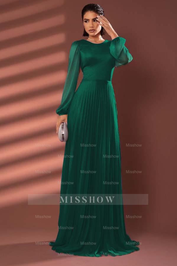Chiffon Jewel Neck Long Sleeves Long Formal Dress With Pleated