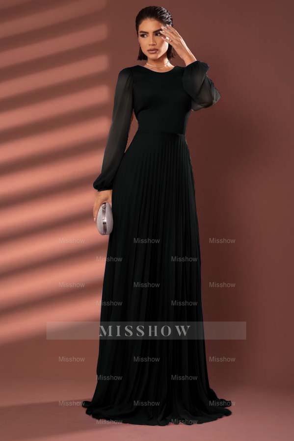 Chiffon Jewel Neck Long Sleeves Long Formal Dress With Pleated