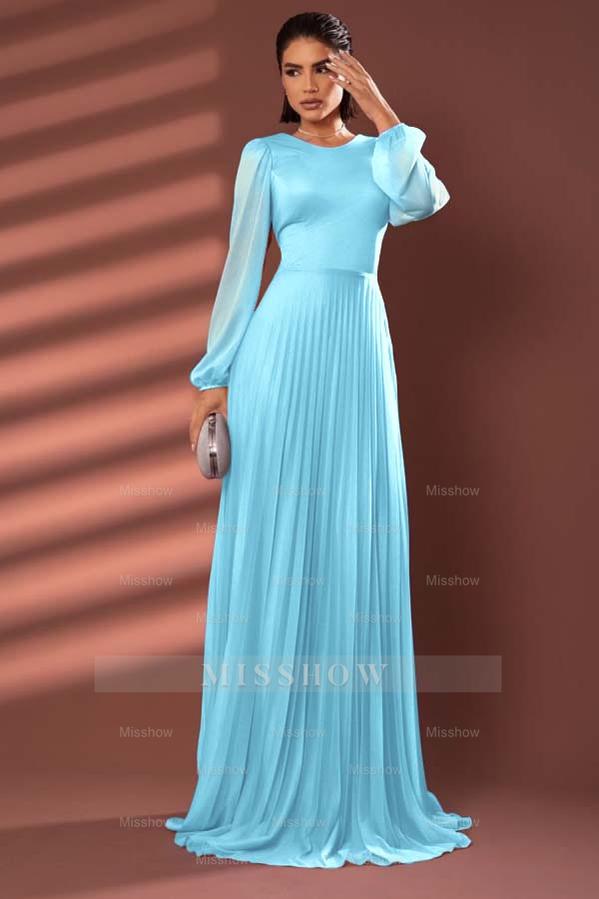 Chiffon Jewel Neck Long Sleeves Long Formal Dress With Pleated