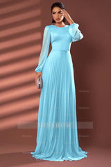 Chiffon Jewel Neck Long Sleeves Long Formal Dress With Pleated
