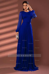 Chiffon Jewel Neck Long Sleeves Long Formal Dress With Pleated