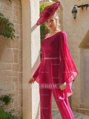Chiffon Jumpsuit for Mothers with Scoop Neck Long Sleeves and Belt