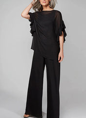 Chiffon Mother of the Bride Pantsuits with Scoop Neck and Half Sleeves