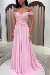 Chiffon Off-the-Shoulder A-Line Evening Dress Sweetheart Lace Applique Corset Side Slit Formal Gown with Pockets