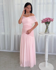 Chiffon Off the Shoulder Sleeveless Long Formal Dress With Pleated