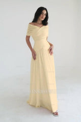 Chiffon Off the Shoulder Sleeveless Long Formal Dress With Pleated