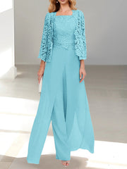 Chiffon Square Neck Floor-Length Mother of the Bride Pantsuits with Jacket & Split Side