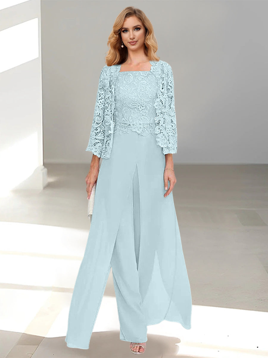 Chiffon Square Neck Floor-Length Mother of the Bride Pantsuits with Jacket & Split Side