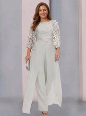 Chiffon Square Neck Floor-Length Plus Size Mother of the Bride Pantsuits with Jacket & Split Side