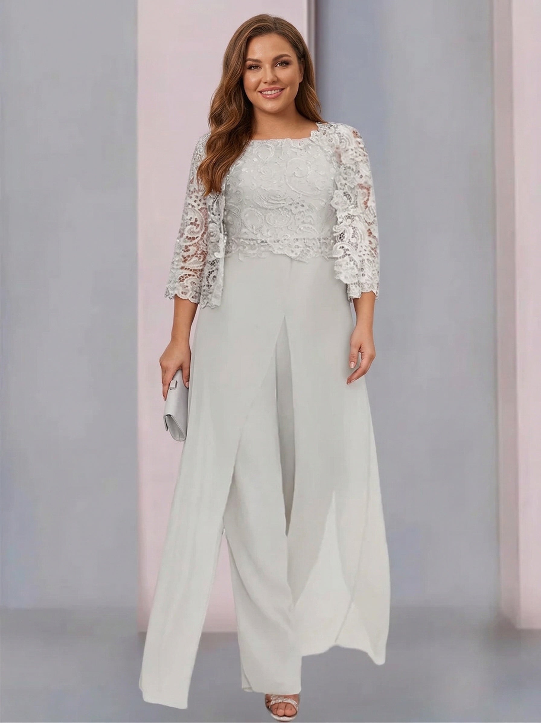 Chiffon Square Neck Floor-Length Plus Size Mother of the Bride Pantsuits with Jacket & Split Side
