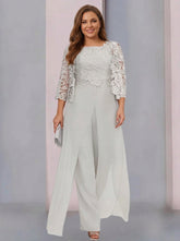 Chiffon Square Neck Floor-Length Plus Size Mother of the Bride Pantsuits with Jacket & Split Side