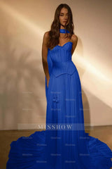 Chiffon Strapless Sleeveless Long Formal Dress With Belt Ruffles