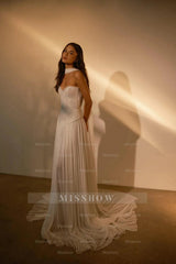 Chiffon Strapless Sleeveless Long Formal Dress With Belt Ruffles