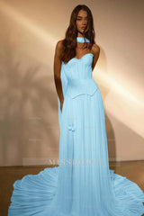 Chiffon Strapless Sleeveless Long Formal Dress With Belt Ruffles