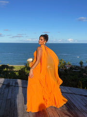 Chiffon Strapless Sleeveless Long Formal Dress With Pleated Scarf