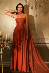 Chiffon Strapless Sleeveless Long Formal Dress With Ruffles Pleated