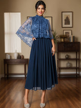 Chiffon Tea-Length A-Line Dress with High Neck and Lace Appliques for Mothers of the Bride & Groom