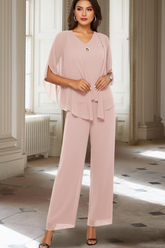 Chiffon V-Neck 3/4 Sleeves Mother of the Bride Pantsuits with Jacket Ankle-Length