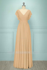 Chiffon V Neck Sleeveless Long Formal Dress With Pleated Ruffle