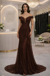 Chocolate Brown Lace Mermaid Evening Dress Off-the-Shoulder Cap Sleeve Pearl Beading Corset Ruched Formal Gown with Train