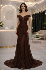 Chocolate Brown Lace Mermaid Evening Dress Off-the-Shoulder Cap Sleeve Pearl Beading Corset Ruched Formal Gown with Train