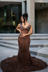 Chocolate Brown Mermaid Prom Dress Off Shoulder Sweetheart Sheer Illusion 3D Bronze Silver Crystal Botanical Leaf Cluster Fringe Tassel Sequin Vine Beaded Cathedral Train Gown