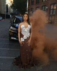 Chocolate Brown Mermaid Prom Dress Strapless Sweetheart Sheer Illusion Heavy Silver Crystal Rhinestone Beading Oversized 3D White Silver Satin Rose Bloom Bodice Scattered Rhinestone Ruffle Hem Sweep Train Gown