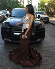 Chocolate Brown Mermaid Prom Dress Strapless Sweetheart Sheer Illusion Heavy Silver Crystal Rhinestone Beading Oversized 3D White Silver Satin Rose Bloom Bodice Scattered Rhinestone Ruffle Hem Sweep Train Gown
