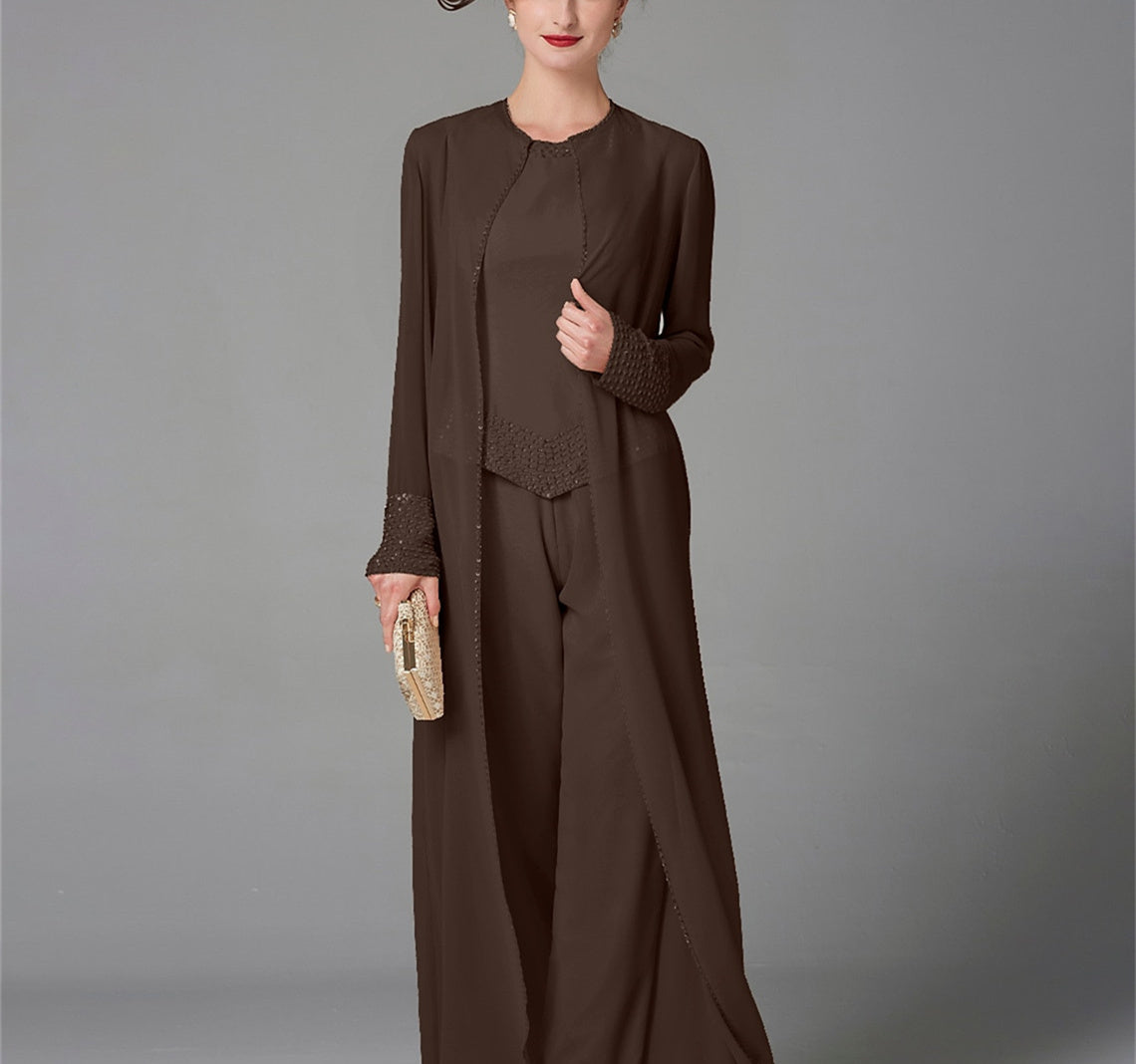 Chiffon Long Sleeves Mother Of The Bride Pantsuits With Jacket Sequins