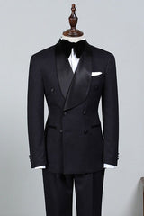 Classic All Black Double Breasted Custom Groom’s Wedding Suit
