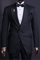 Classic Black Double-Breasted Peaked Lapel Jacquard Prom Suit