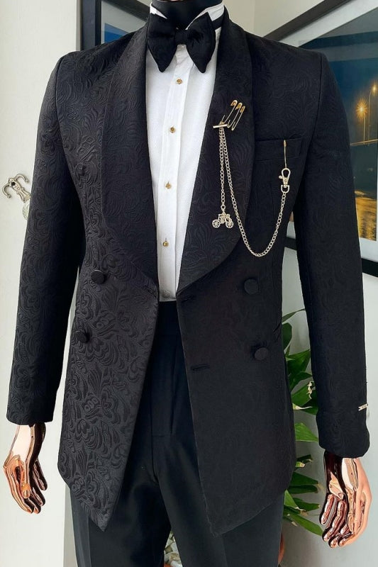 Classic Black Jacquard Shawl Collar Double-Breasted Wedding Attire